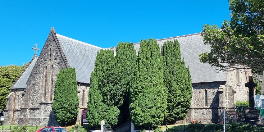 St. Mary's Church with a lush garden hedge in front, showcasing its historic architecture
