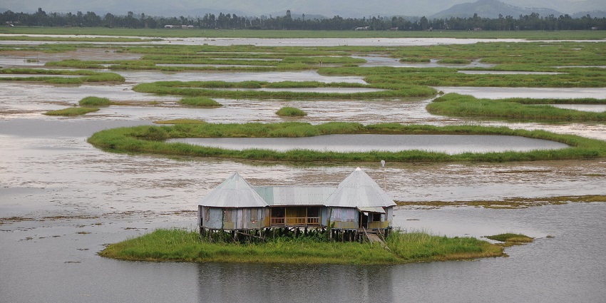House on a floating island in Loktak Lake with other phumdis and mountains at a distance.