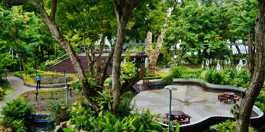 A peaceful walkway surrounded by tropical plants in Sultan Park near Male Friday Mosque.