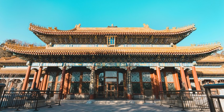 Wide angle view of the Summer Palace, featuring its intricate carvings and architecture