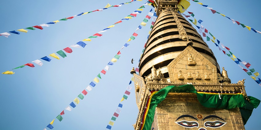 Swayambhunath Stupa in Kathmandu, Nepal exudes a vibrant spiritual aura and history.