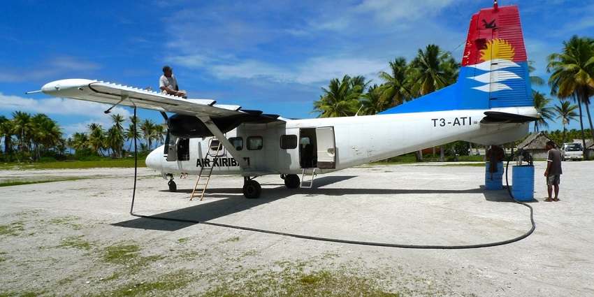 An Air Kiribati aircraft is shown in the landing position at the Tabiteuea North Airport.