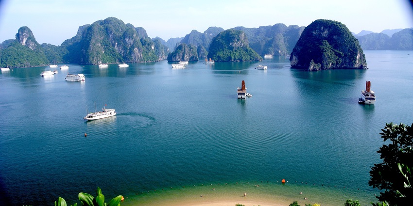 View of the serene Halong Bay in Vietnam with rocks in between