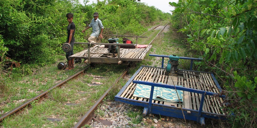 Take a ride on the Battambang Bamboo Train - one of the things to do in Cambodia with family.