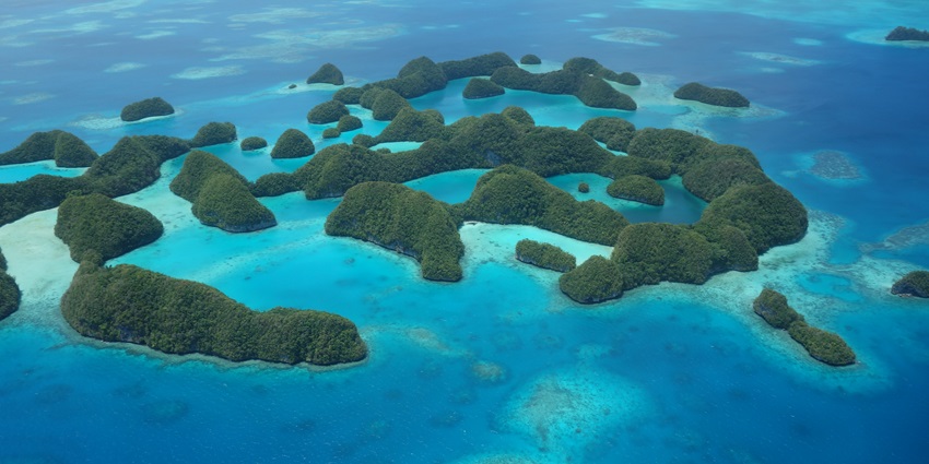 An aerial view of a group of small islands at Ngeru Kwid, part of the Seventy Islands.