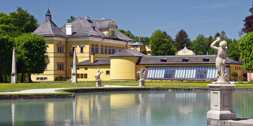 The palace and the lake view of the Hellbrunn Palace in Salzburg, Austria