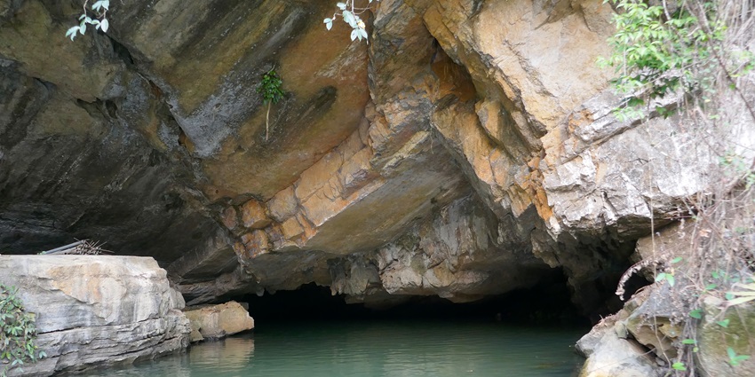 An image of Tam Cốc Cave in Vietnam, featuring a serene river flowing through limestone karst formations.