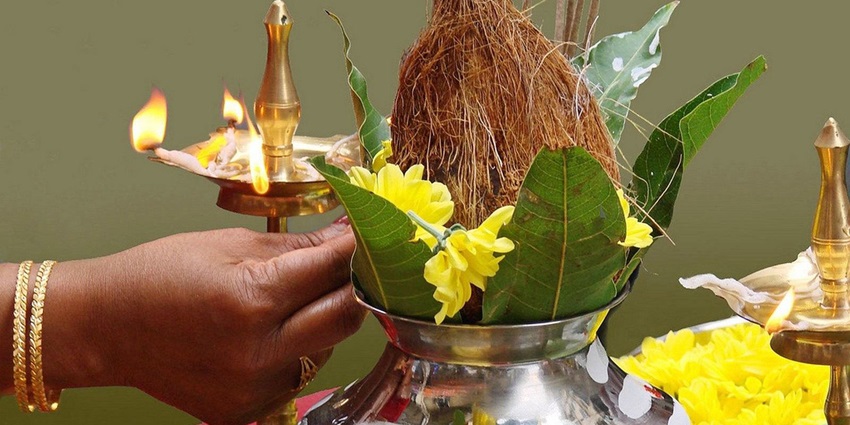 An image of a decorated kolam, temple visit, and festive meal for Tamil New Year, Puthandu