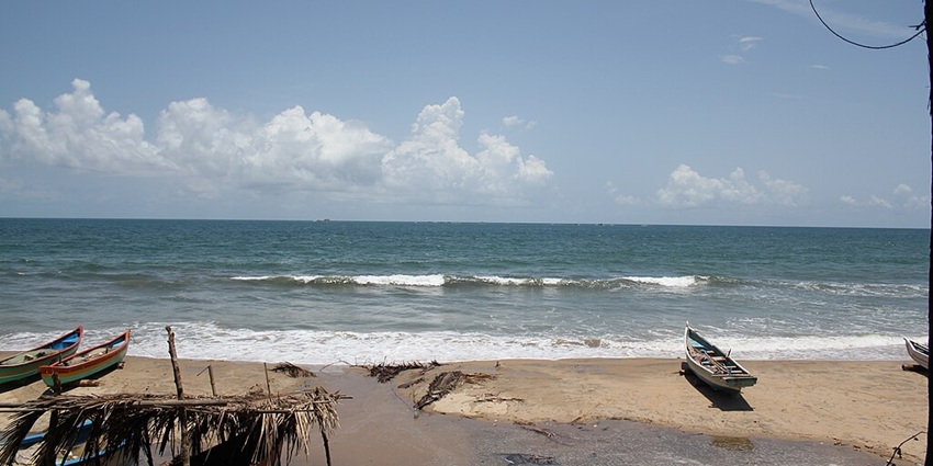 Tarkarli Beach as seen from the MTDC Resort in Maharashtra, India, with golden sands.