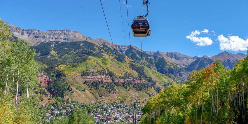 A gondola ride at Telluride Ski Resort, Colorado, with stunning mountain views