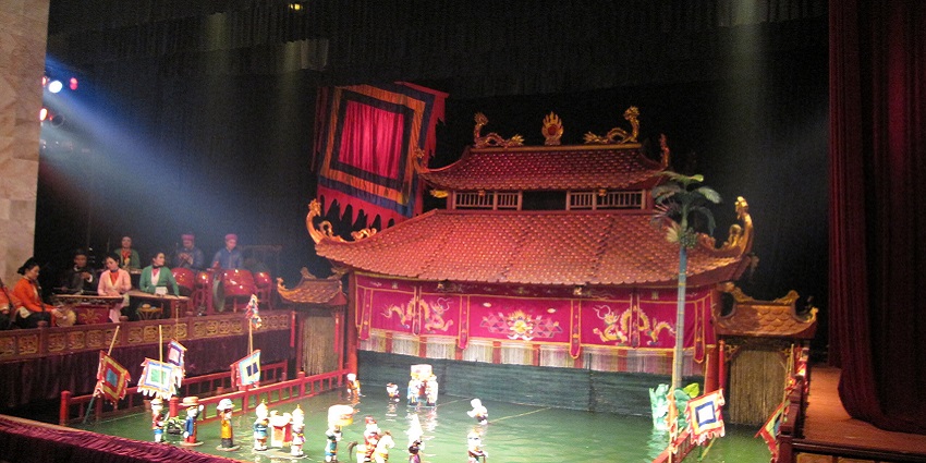 A vibrant performance at Thang Long Water Puppet Theatre depicting Vietnamese folklore