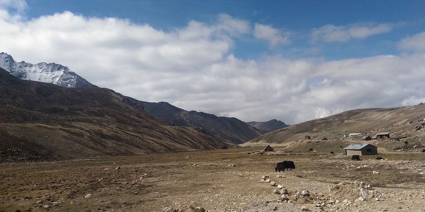 A view of the rugged landscape of Thangu Valley, a cold desert located in North Sikkim.