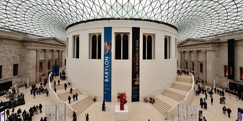 The grand entrance of the British Museum in London, known for its vast collection of historical artefacts.