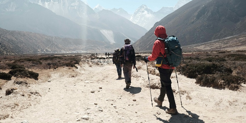 View of a group of trekkers at the mountain trekking at Dolomite.