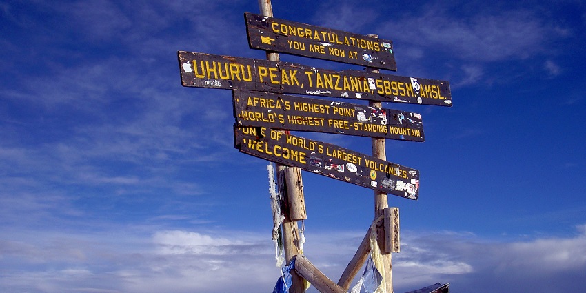 An image showing Uhuru Peak on Mt. Kilimanjaro, a popular trekking place in May.