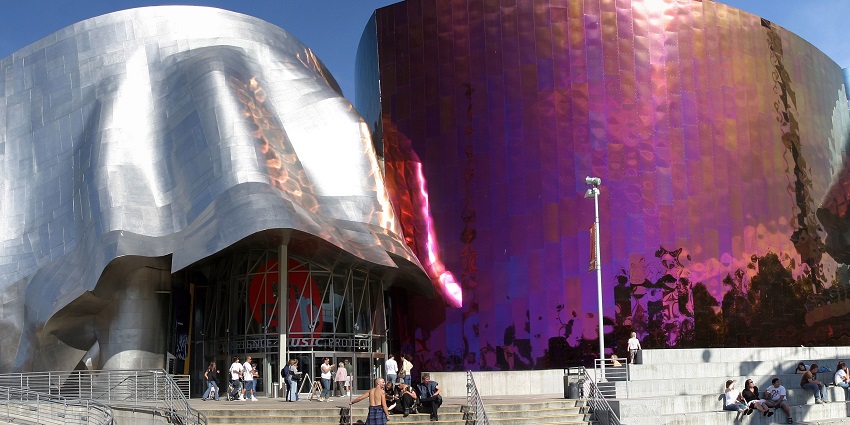 View of the unique structure of the Museum of Pop Culture, one of the music museums.