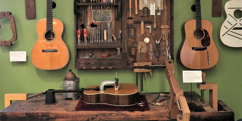 A collection of guitars at one of the most famous instrumental music museums in the world.