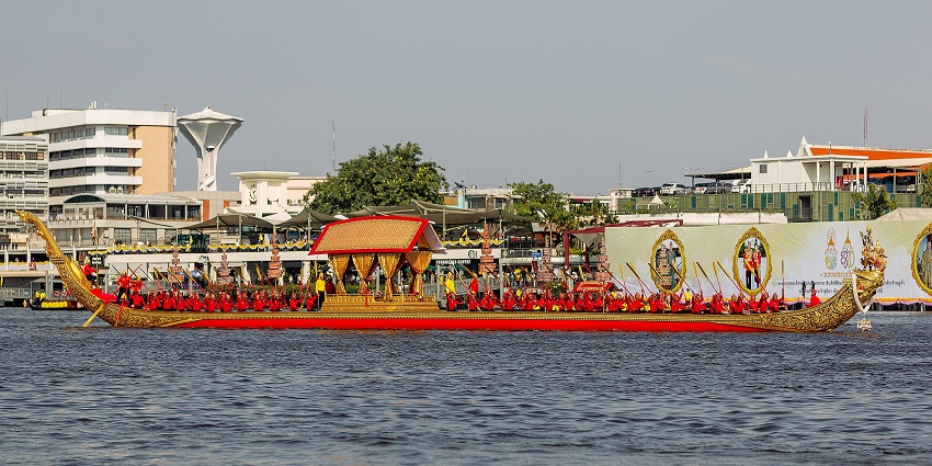 An Ornate royal barge symbolising the Thai king and featuring celestial designs.