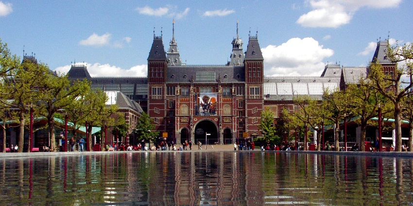 The iconic Rijksmuseum building in Amsterdam, home to Dutch masterpieces.