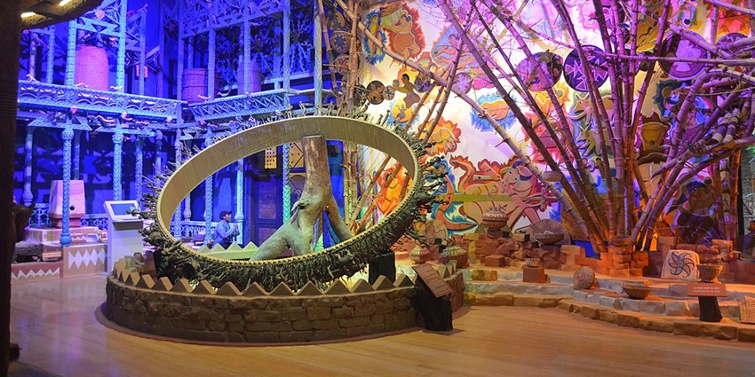 An inside view of the Tribal Museum in India displaying old-world charm and artefacts.