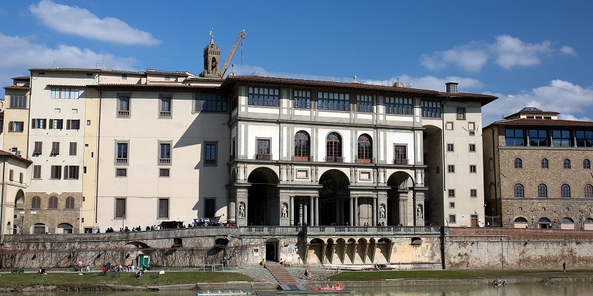 A scenic view of the Uffizi Gallery in Florence, home to Italian Renaissance art.