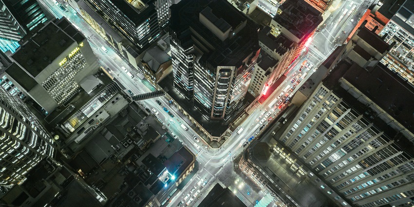 Panoramic aerial photo of Sydney skyline from Sydney Tower Eye observation deck.