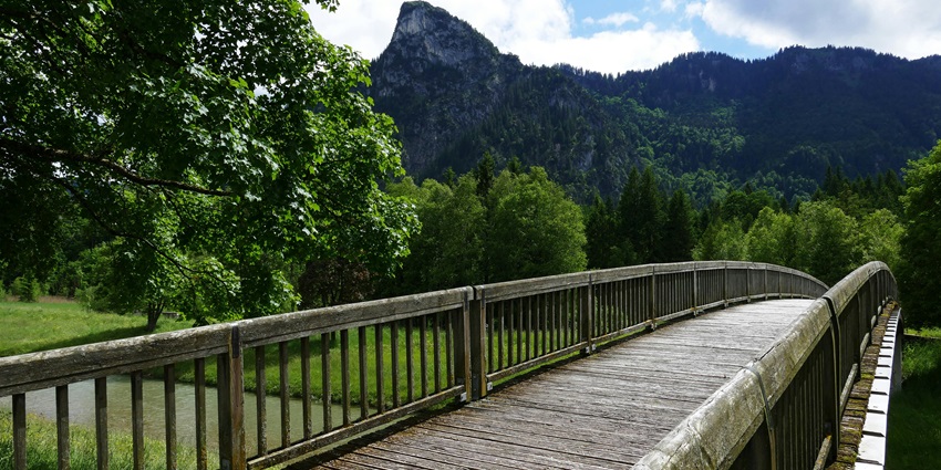 A wooden bridge connecting from one place to the other mountain and a stream flowing below