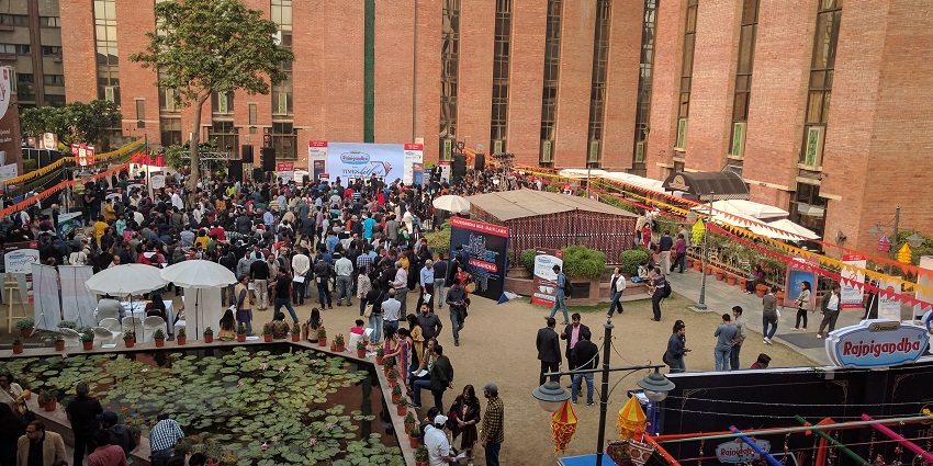 An image of Gurmehar Kaur (Right) having a discussion with a panellist at the Times Lit Fest