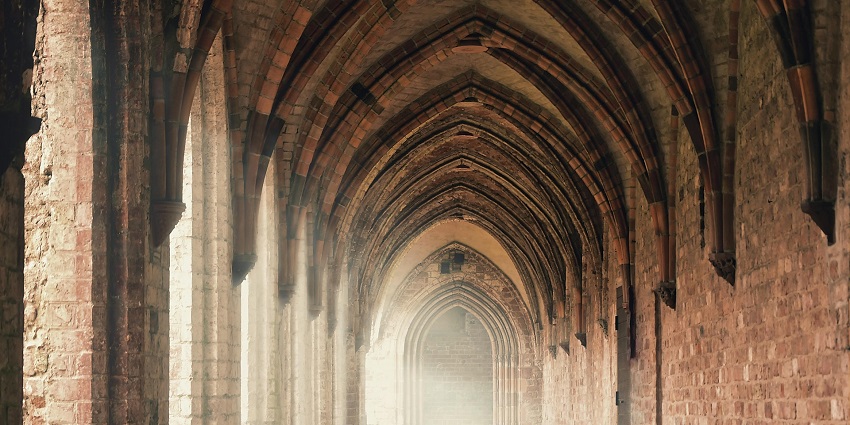An image showing a cloister with archways, inspired by Cheri Monastery, Thimphu.
