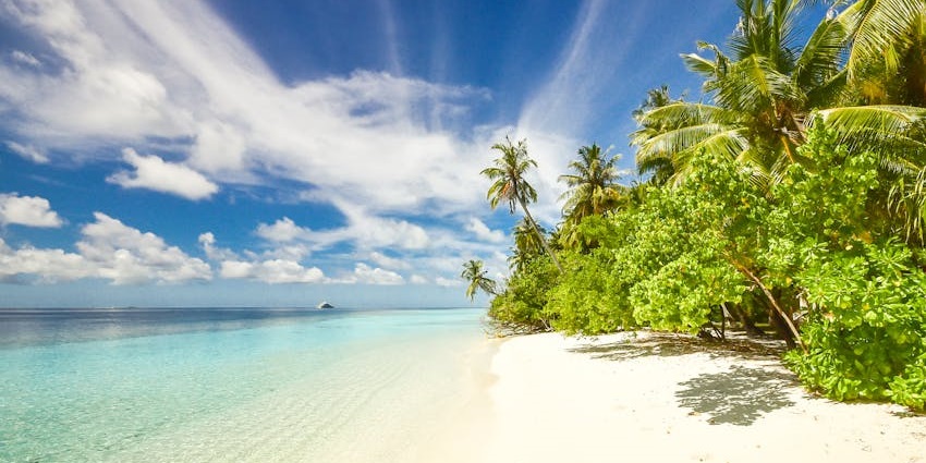 View of Toomulla Beach, showing the sea, ocean, and a sailboat at the shore