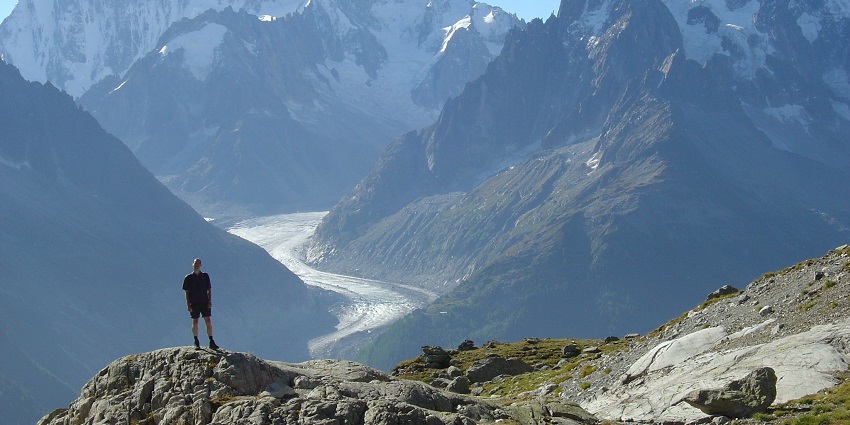 A panoramic view of Mont Blanc with a winding trail, great for trekking in July.