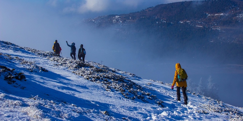 Scenic image of the beautiful snow laden trek in the hills of Himalaya in Bhutan