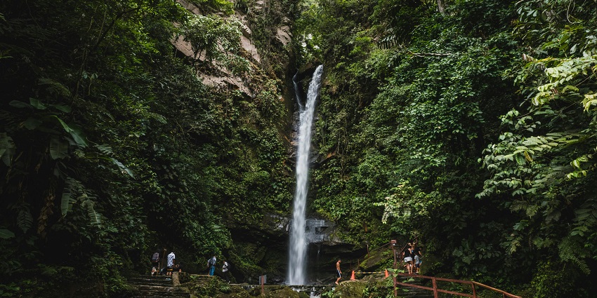 A remote and towering waterfall located deep within Peru’s jungle landscape.