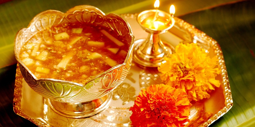 An image showing a traditional veneration platter prepared for the Ugadi festival celebration.