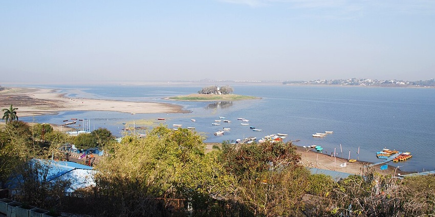 Upper lake, a famous lake in Bhopal, from the top with a large water multiple boats parked
