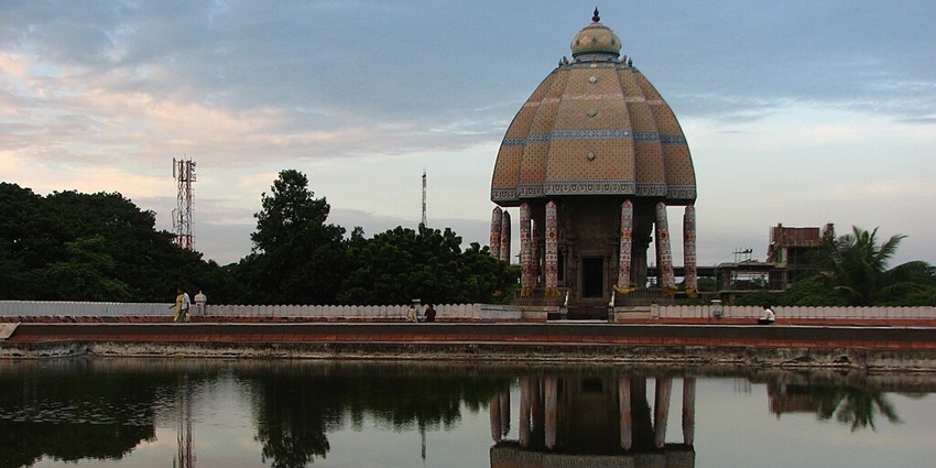 View of Valluvar Kottam at night, illuminated with lights in Chennai