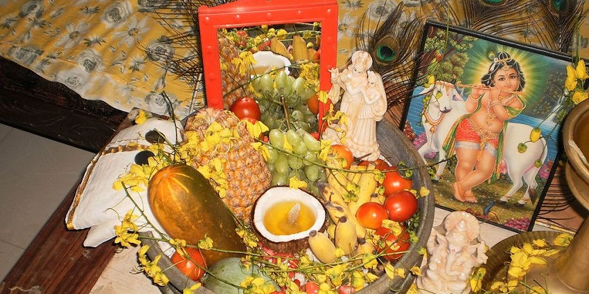 An image of a group of elaborately decorated elephants at the Vishu festival, one of the many different harvest festivals in India
