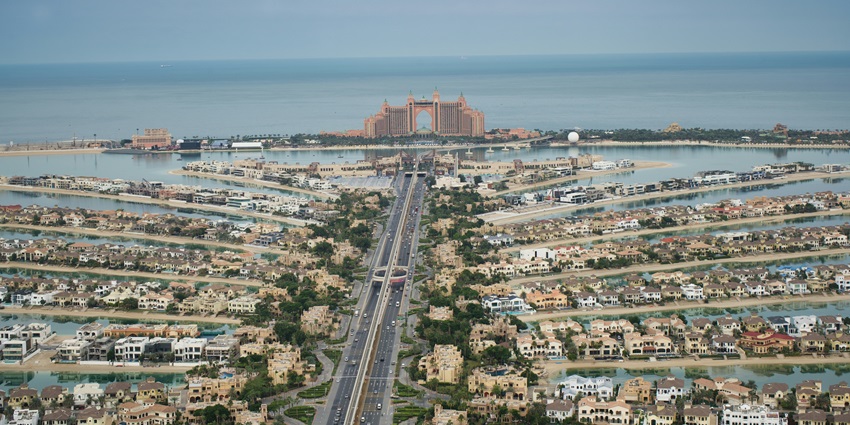 Image of Palm Jumeirah seen from the AURA SKYPOOL - one of the best places to visit in Dubai