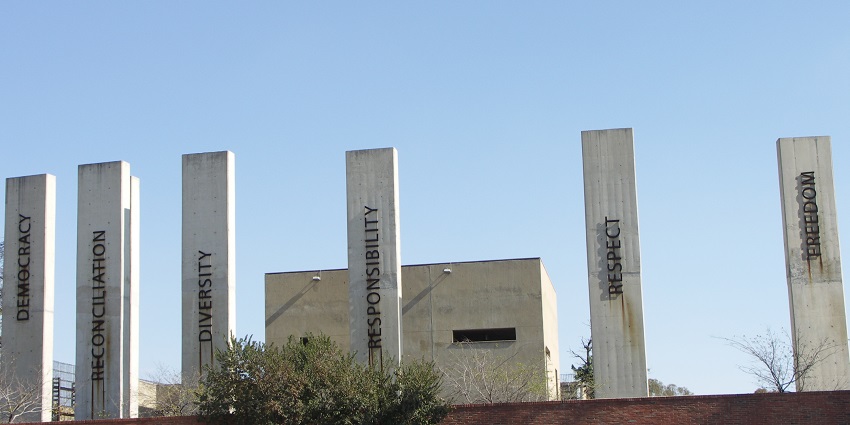 Apartheid Museum, with words symbolising values like democracy, freedom and diversity.