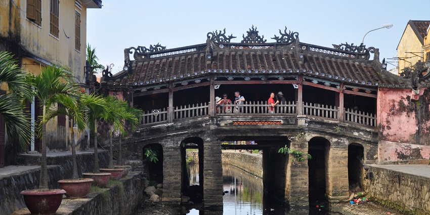 An image of the Japanese Covered Bridge in Hội An, featuring its iconic wooden structure