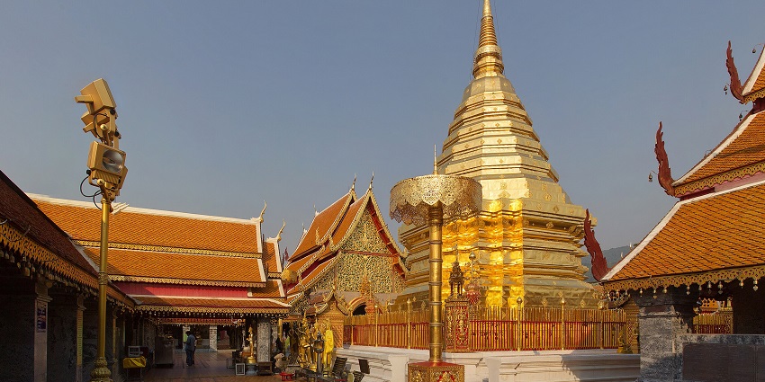 Image of Chiang Mai Thailand temples featuring Wat Phra That Doi Suthep's golden stupa.