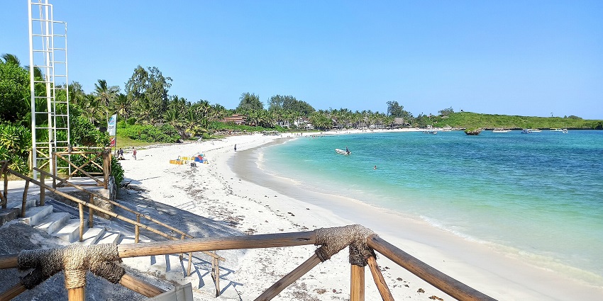 One of the secluded beaches in Africa, Watamu Beach’s white sands meet crystal-clear waters under a bright blue sky.