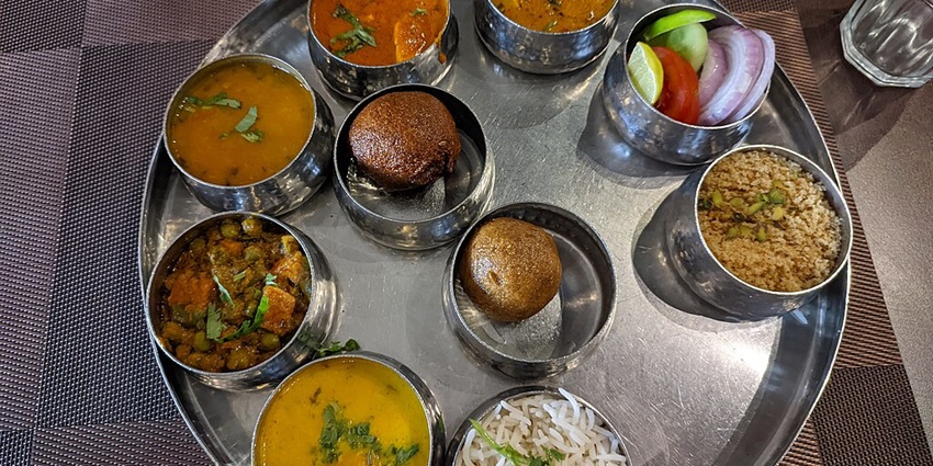 Thali filled with all the Rajasthani cuisines in one of the hotels in Udaipur