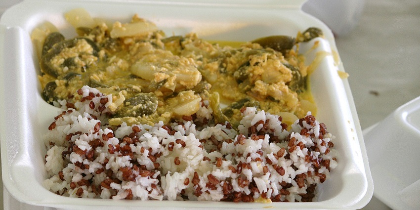The national Bhutanese dish, hemadatsi (chili peppers with yak cheese sauce) and rice (mix of Bhutanese red rice and white rice).