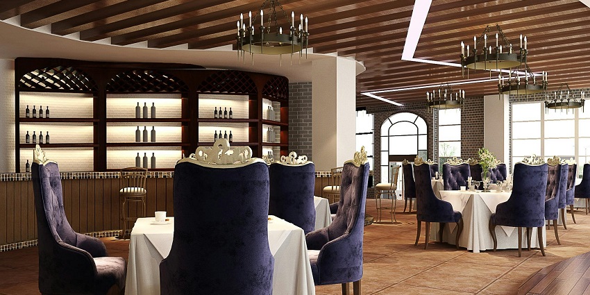 Image showing a dining area with a white tablecloth and neatly arranged purple chairs