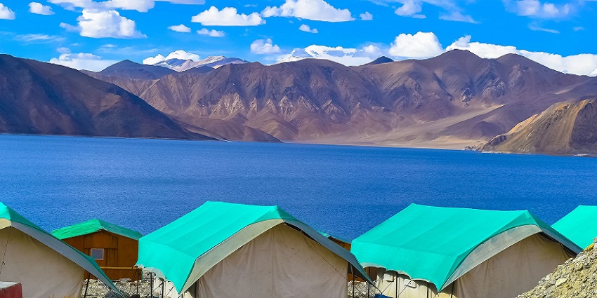 Multiple white camp tents with cars parked, people standing on the shores of Pangong Lake