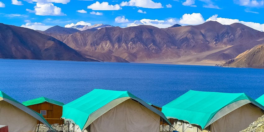 A picture of the numerous camps around Pangong Lake in winter
