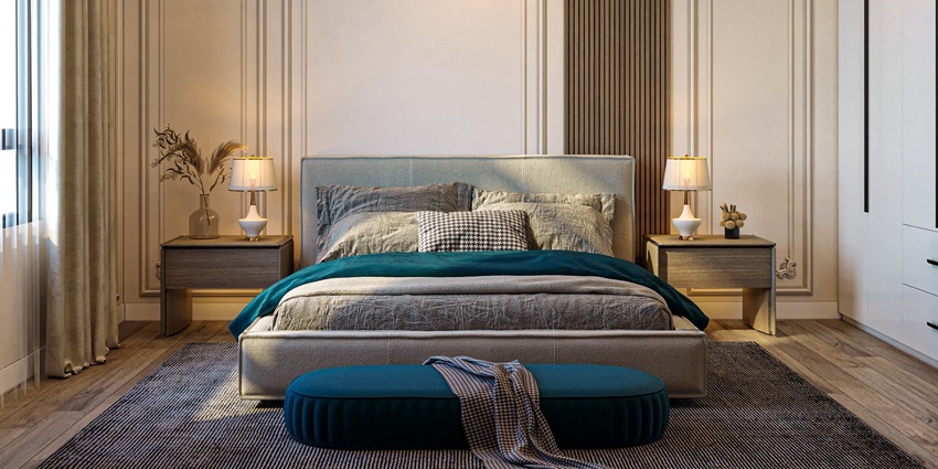 An image showing a well-furnished bedroom with a bed, a window, and elegant decor.