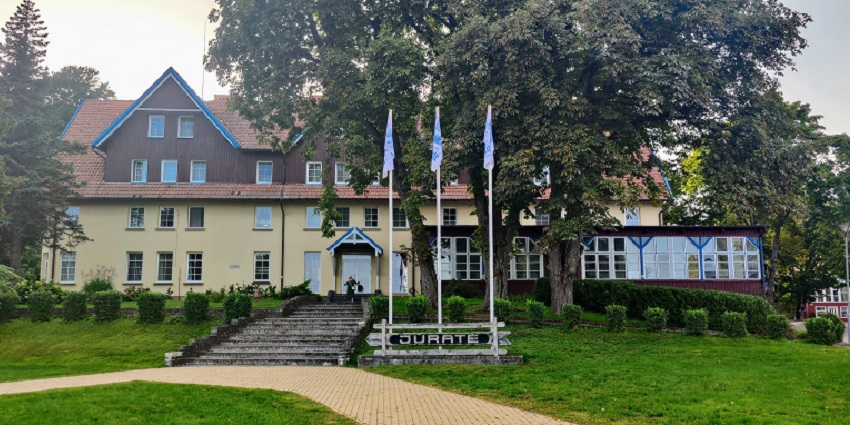 A front view of the Jurate Hotel, Nida, Lithuania, a popular stay for luxury tourists.