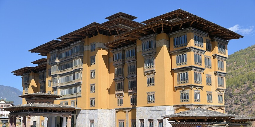 A view of one of the famous hotels located near the clock tower square in Thimphu